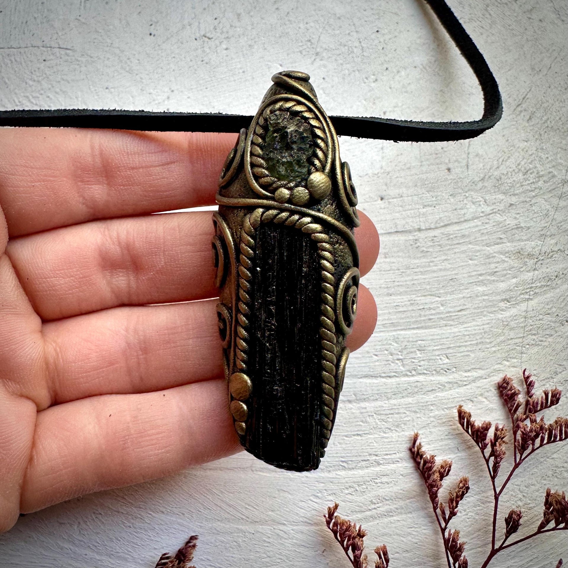 Black Tourmaline and Moldavite Pendant Necklace - FairyGardenGlow