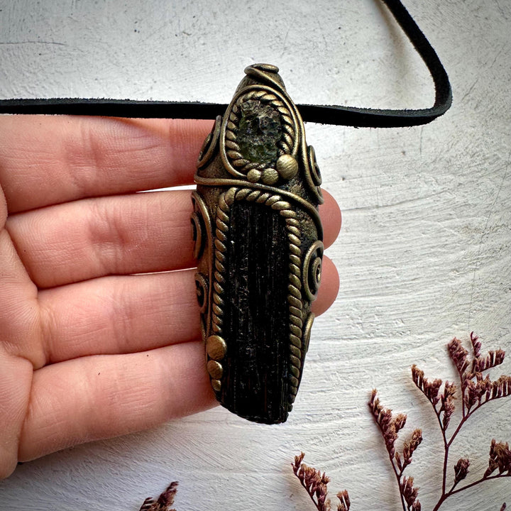 Black Tourmaline and Moldavite Pendant Necklace - FairyGardenGlow
