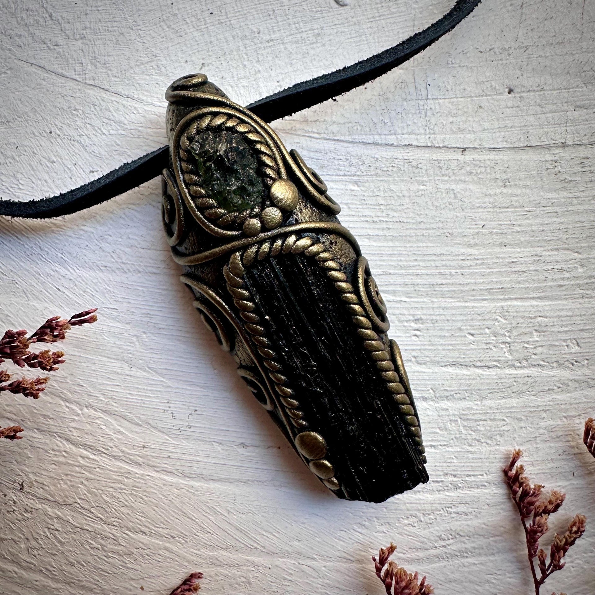 Black Tourmaline and Moldavite Pendant Necklace - FairyGardenGlow