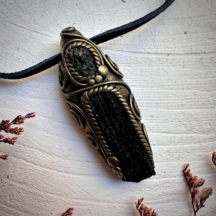 Black Tourmaline and Moldavite Pendant Necklace - FairyGardenGlow