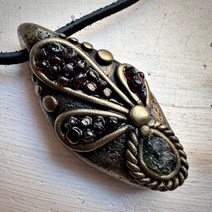 Moldavite and Red Garnet Necklace - FairyGardenGlow