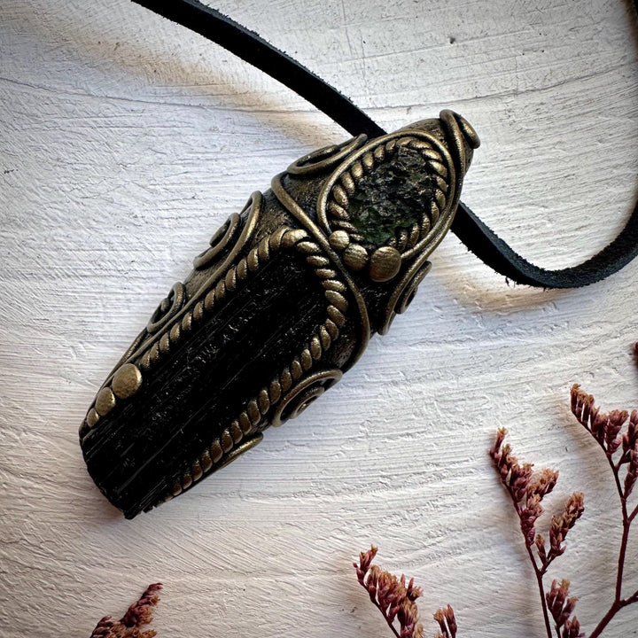 Black Tourmaline and Moldavite Pendant Necklace - FairyGardenGlow
