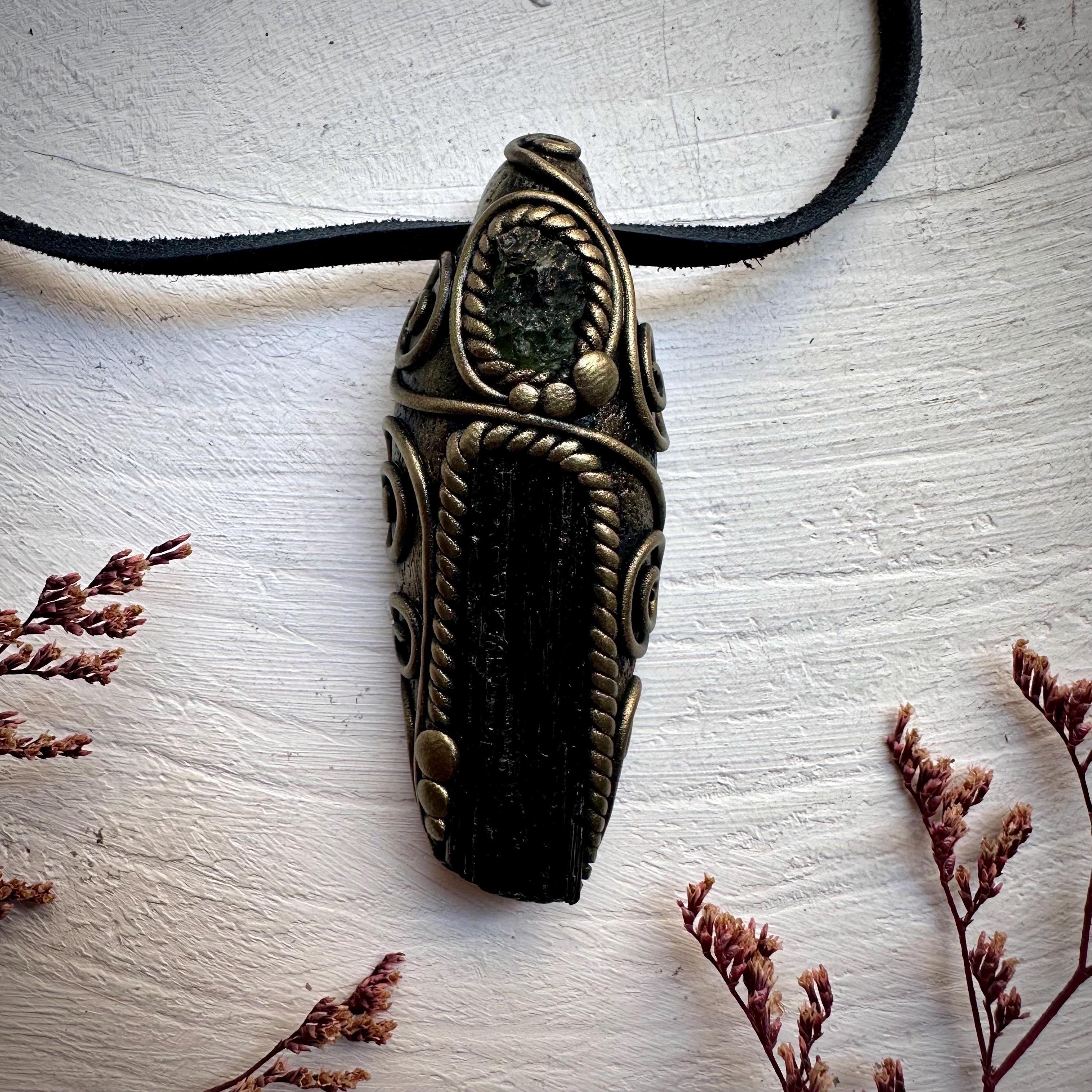 Black Tourmaline and Moldavite Pendant Necklace - FairyGardenGlow
