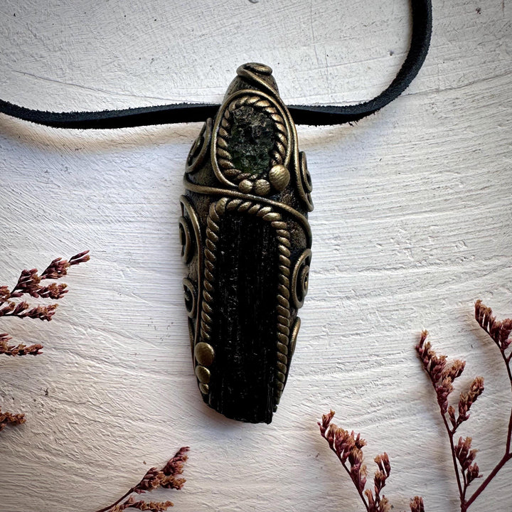 Black Tourmaline and Moldavite Pendant Necklace - FairyGardenGlow