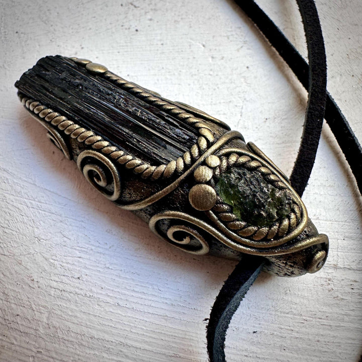 Black Tourmaline and Moldavite Pendant Necklace - FairyGardenGlow