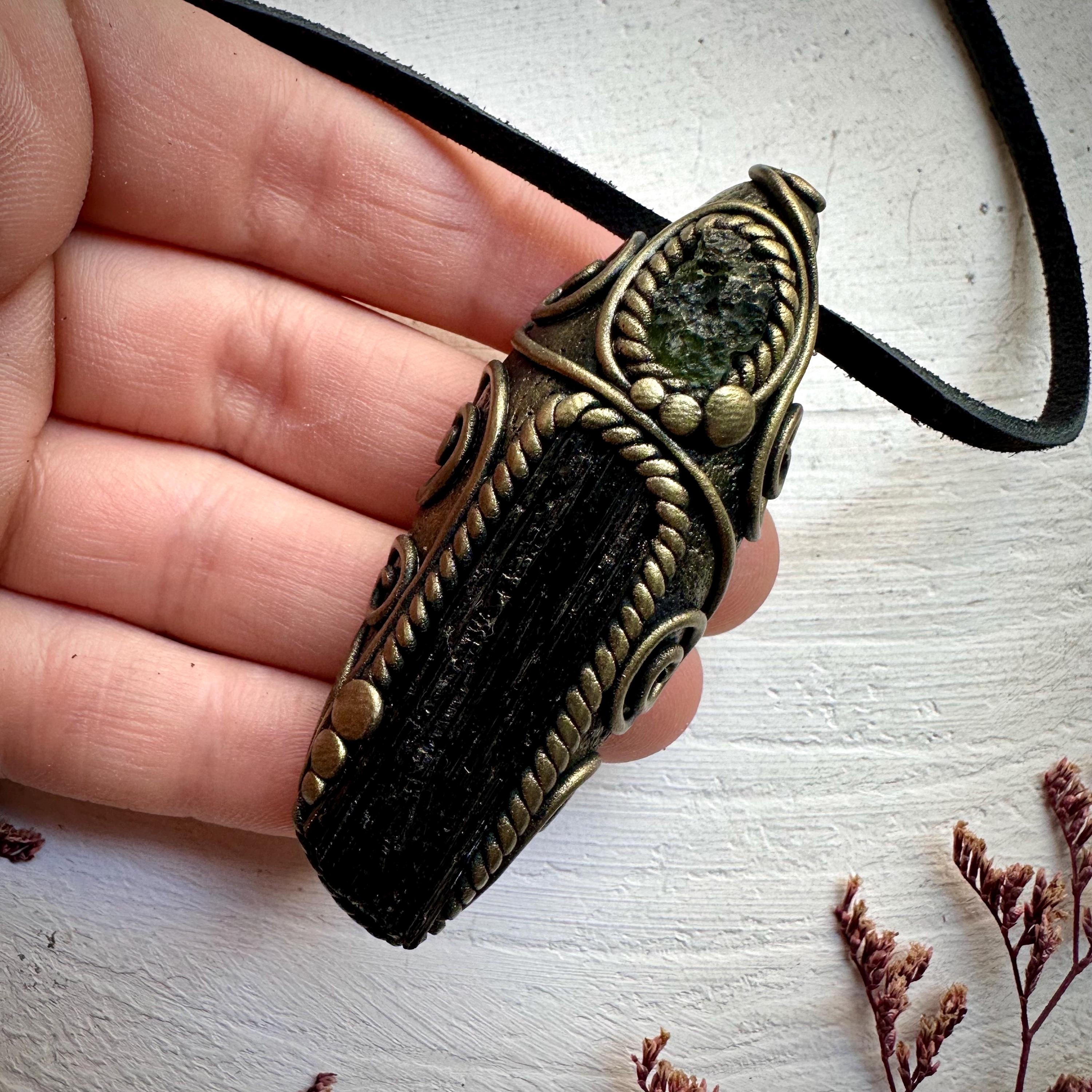 Black Tourmaline and Moldavite Pendant Necklace - FairyGardenGlow