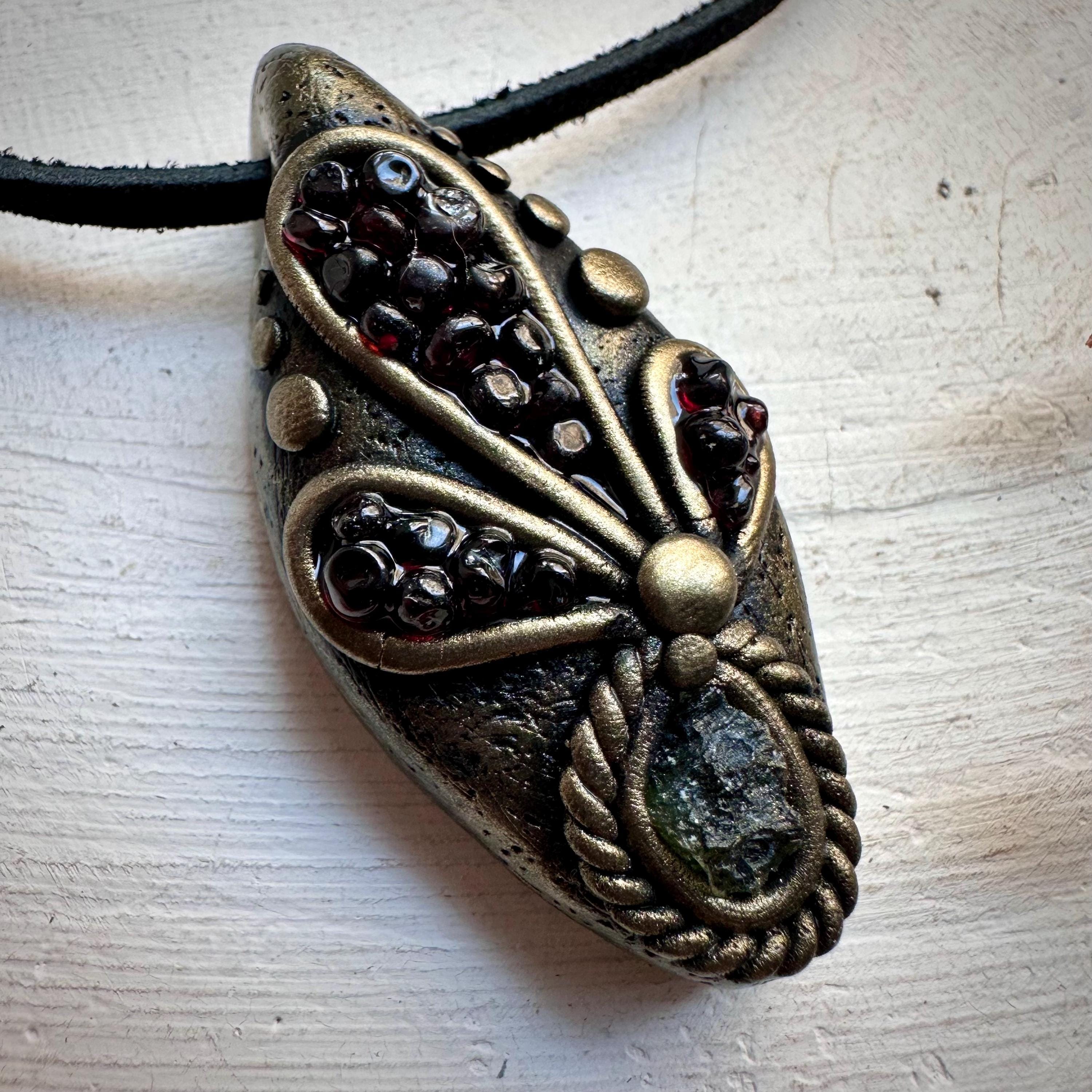 Moldavite and Red Garnet Necklace - FairyGardenGlow