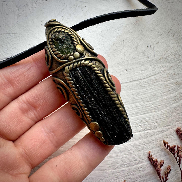 Black Tourmaline and Moldavite Pendant Necklace - FairyGardenGlow