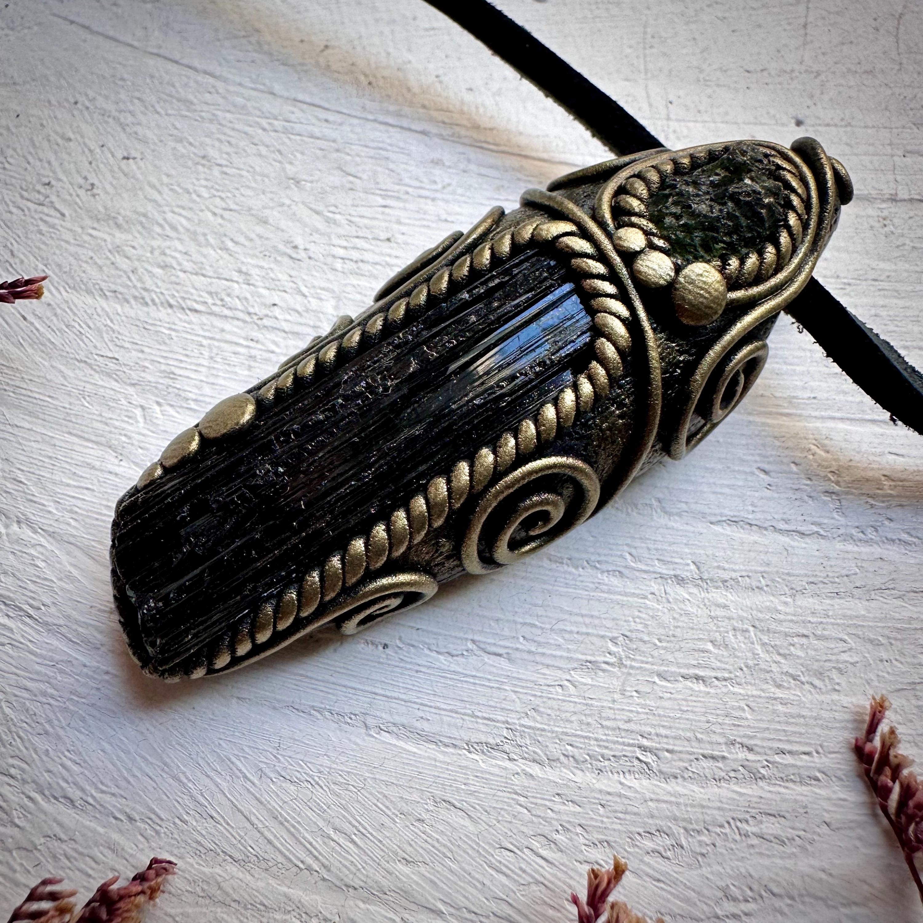 Black Tourmaline and Moldavite Pendant Necklace - FairyGardenGlow
