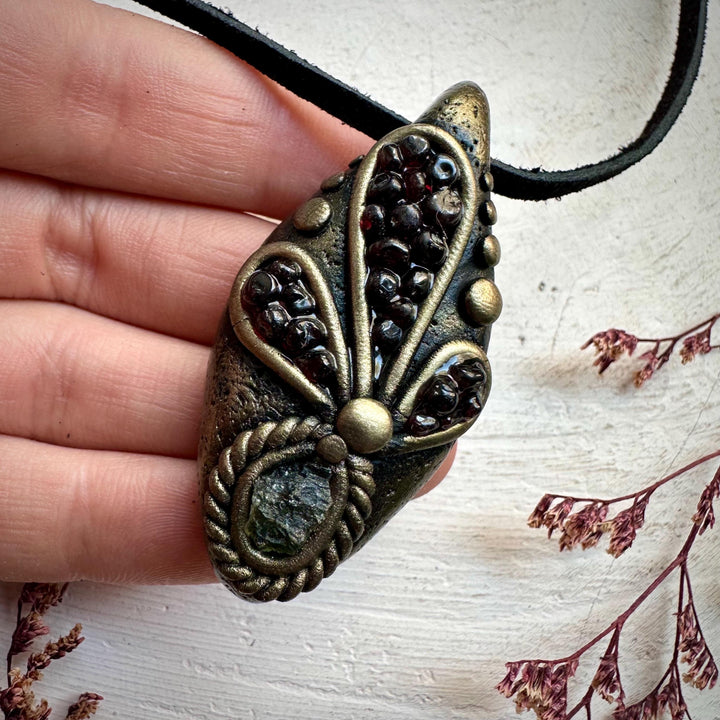 Moldavite and Red Garnet Necklace - FairyGardenGlow