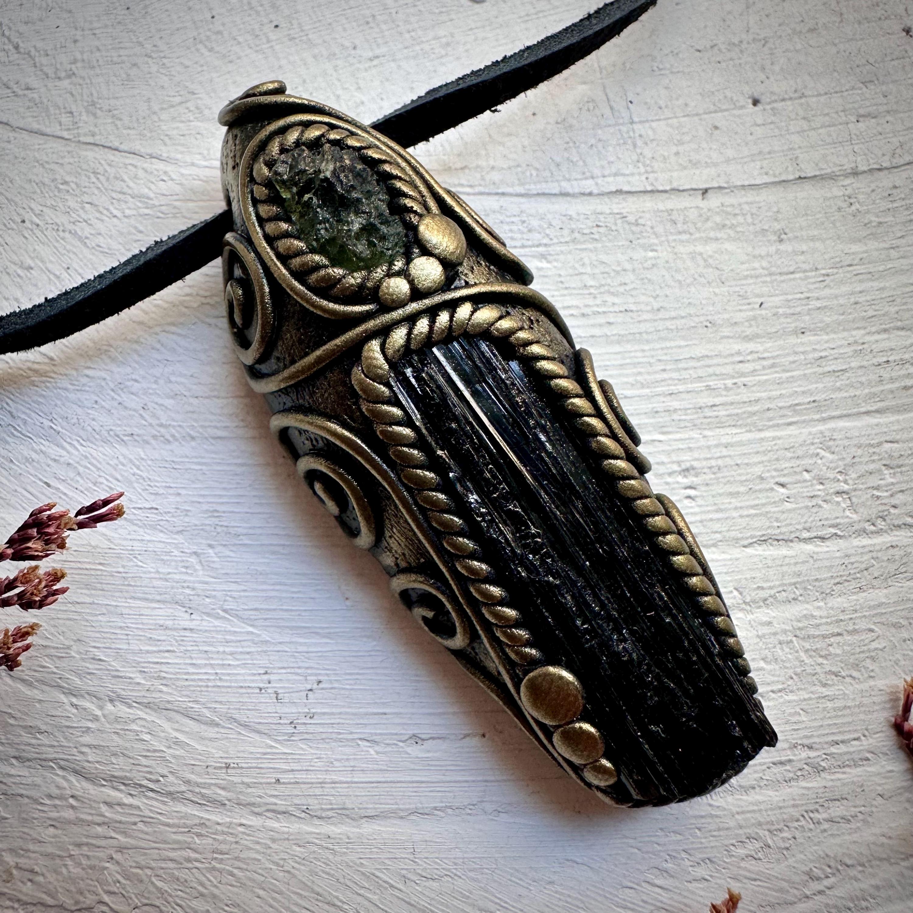 Black Tourmaline and Moldavite Pendant Necklace - FairyGardenGlow