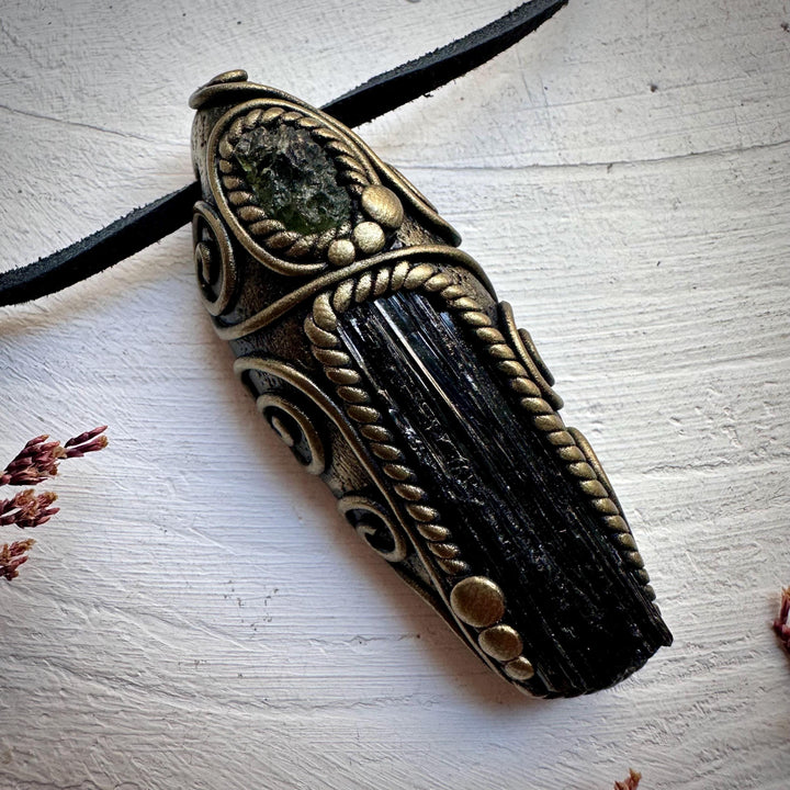 Black Tourmaline and Moldavite Pendant Necklace - FairyGardenGlow
