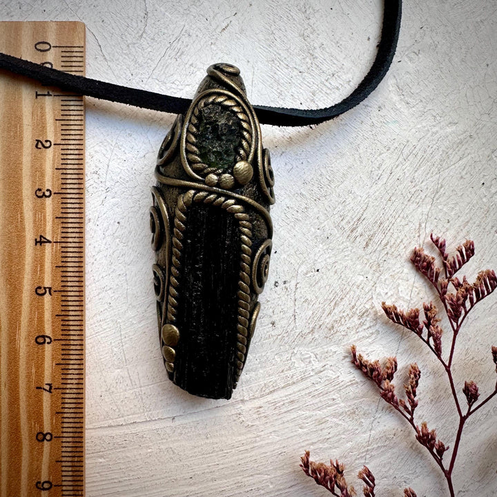 Black Tourmaline and Moldavite Pendant Necklace - FairyGardenGlow