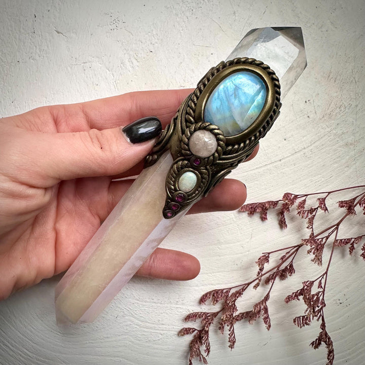 Angel Aura Rose Quartz Wand , Clear Quartz Rainbow Moonstone Morganite Ruby and Australian Opal Wand - FairyGardenGlow