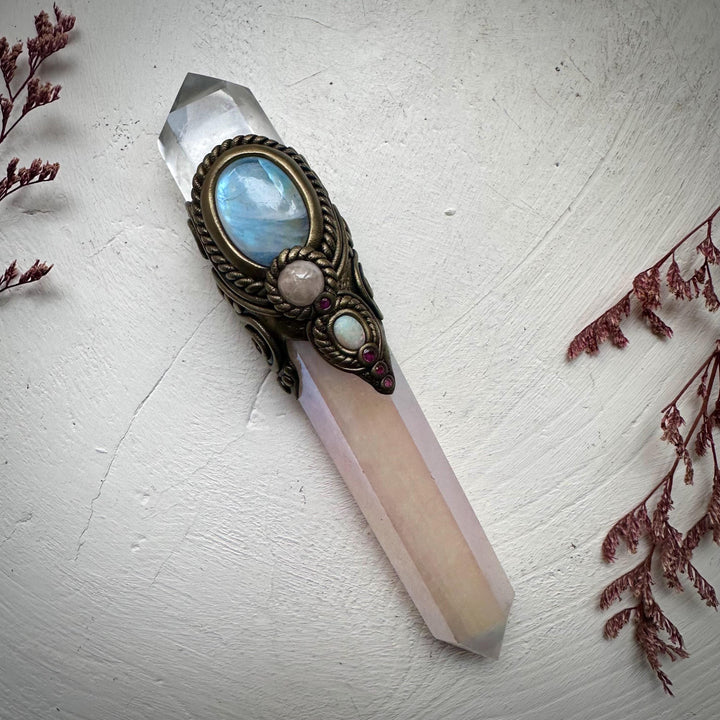 Angel Aura Rose Quartz Wand , Clear Quartz Rainbow Moonstone Morganite Ruby and Australian Opal Wand - FairyGardenGlow