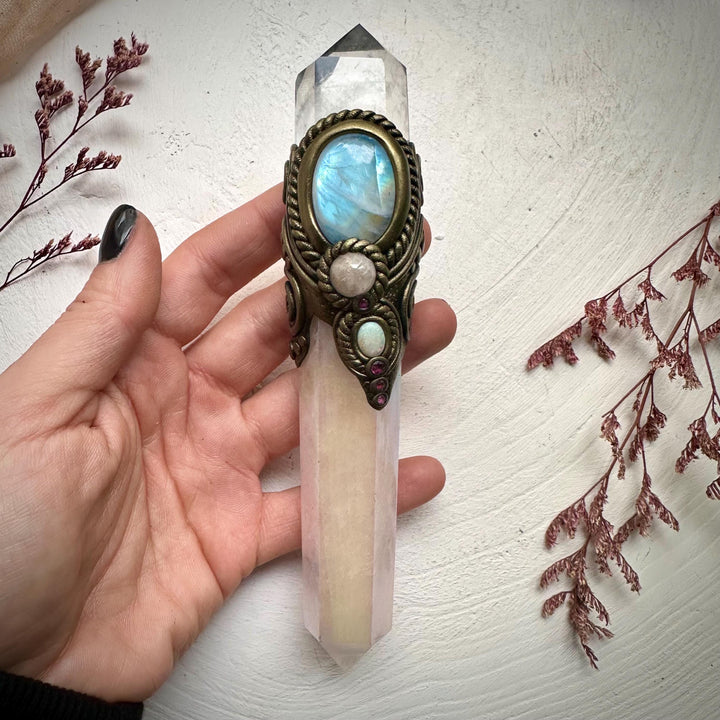 Angel Aura Rose Quartz Wand , Clear Quartz Rainbow Moonstone Morganite Ruby and Australian Opal Wand - FairyGardenGlow