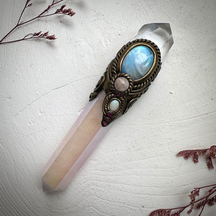Angel Aura Rose Quartz Wand , Clear Quartz Rainbow Moonstone Morganite Ruby and Australian Opal Wand - FairyGardenGlow