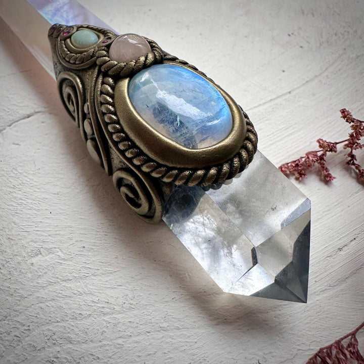 Angel Aura Rose Quartz Wand , Clear Quartz Rainbow Moonstone Morganite Ruby and Australian Opal Wand - FairyGardenGlow