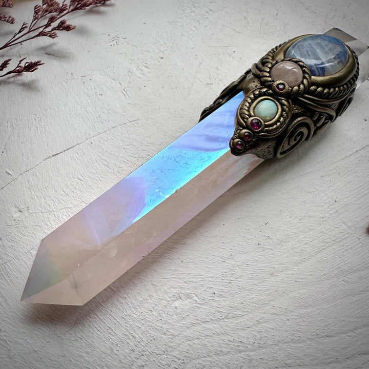 Angel Aura Rose Quartz Wand , Clear Quartz Rainbow Moonstone Morganite Ruby and Australian Opal Wand - FairyGardenGlow