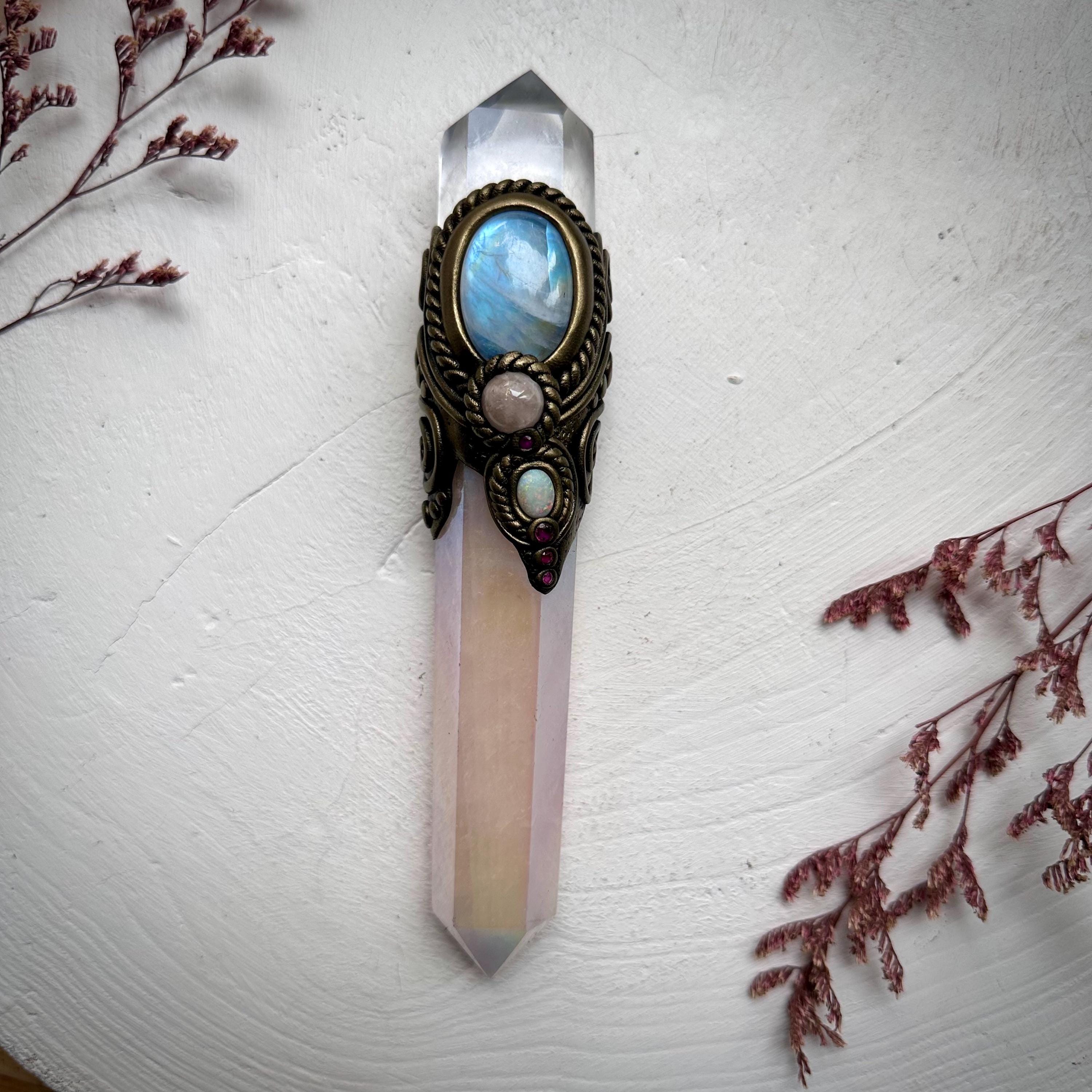 Angel Aura Rose Quartz Wand , Clear Quartz Rainbow Moonstone Morganite Ruby and Australian Opal Wand - FairyGardenGlow