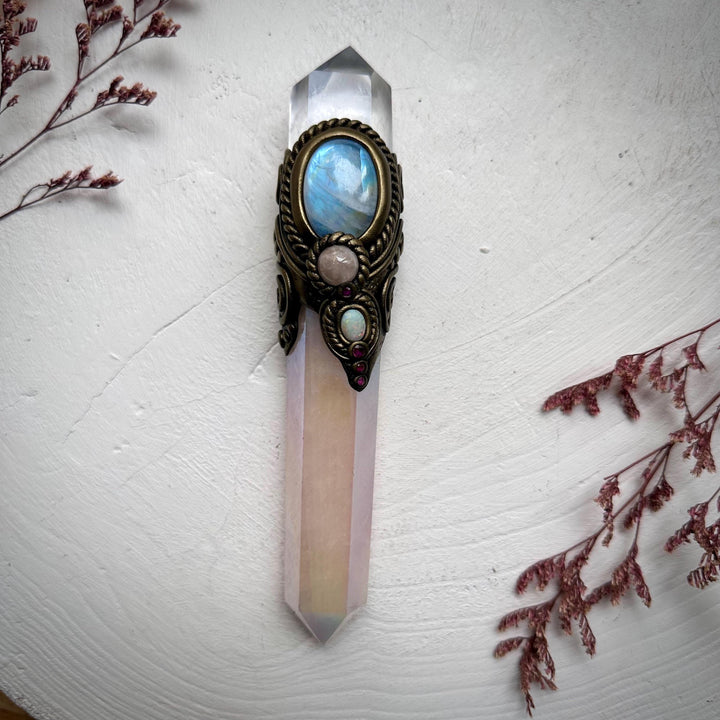 Angel Aura Rose Quartz Wand , Clear Quartz Rainbow Moonstone Morganite Ruby and Australian Opal Wand - FairyGardenGlow