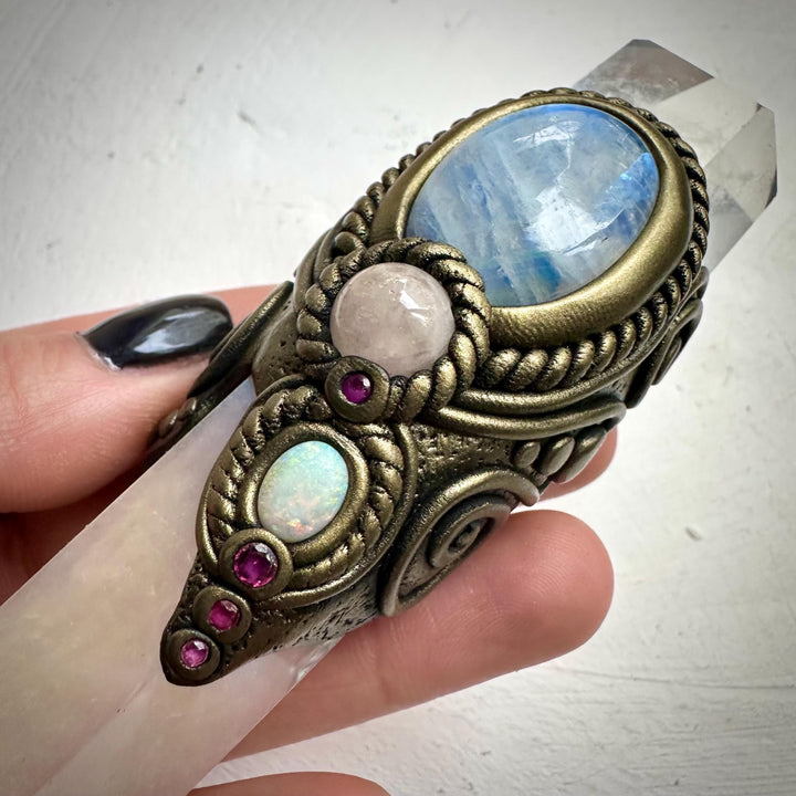 Angel Aura Rose Quartz Wand , Clear Quartz Rainbow Moonstone Morganite Ruby and Australian Opal Wand - FairyGardenGlow