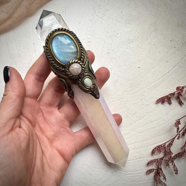 Angel Aura Rose Quartz Wand , Clear Quartz Rainbow Moonstone Morganite Ruby and Australian Opal Wand - FairyGardenGlow