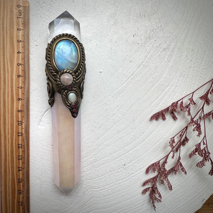Angel Aura Rose Quartz Wand , Clear Quartz Rainbow Moonstone Morganite Ruby and Australian Opal Wand - FairyGardenGlow
