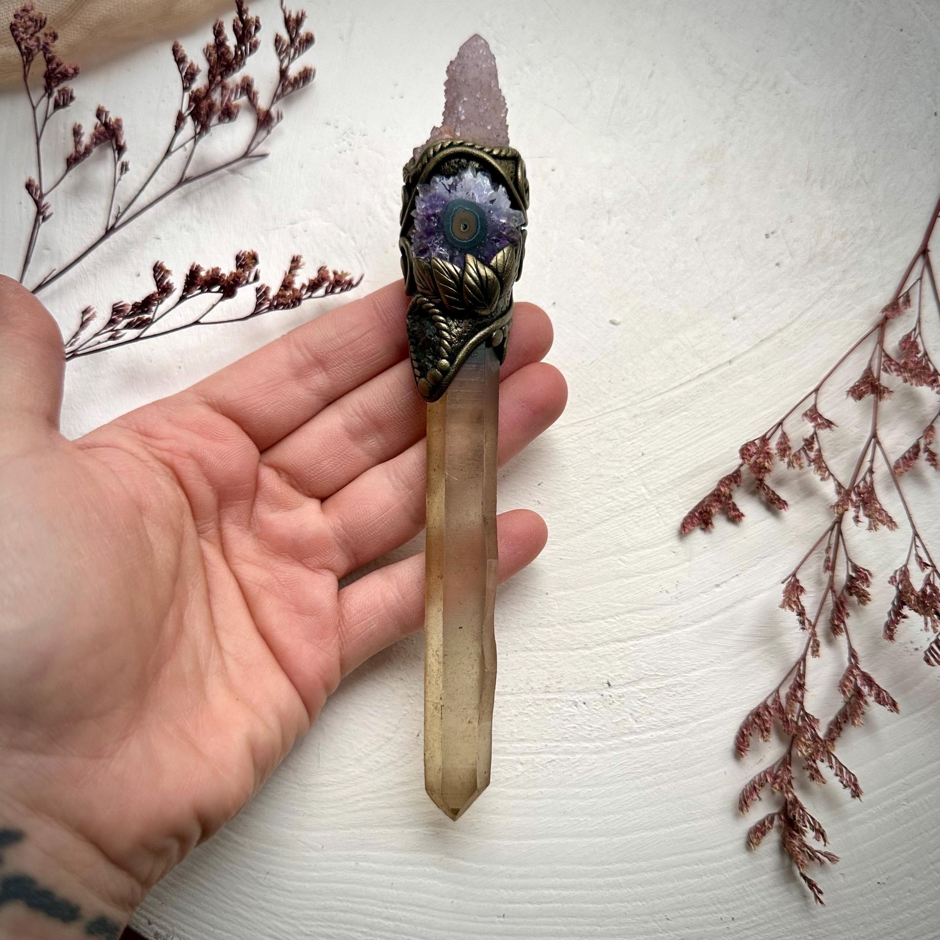Extra Long Smoky Citrine Point with Spirit Quartz Amethyst Stalactite and Moldavite Wand - FairyGardenGlow