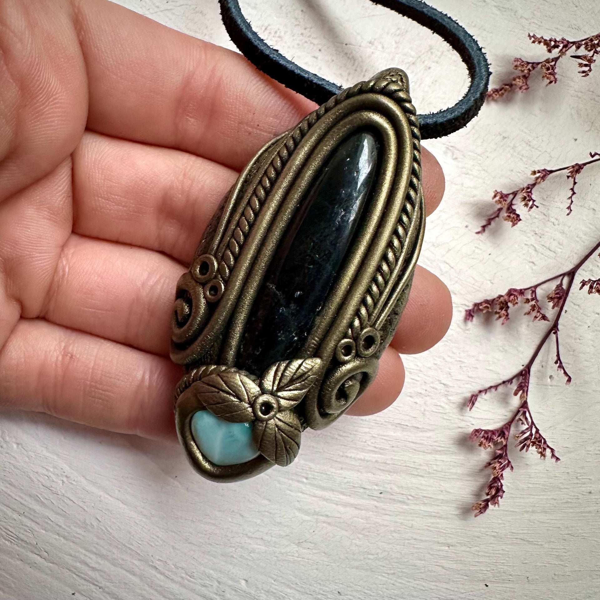Black Tourmaline and Larimar Necklace - FairyGardenGlow