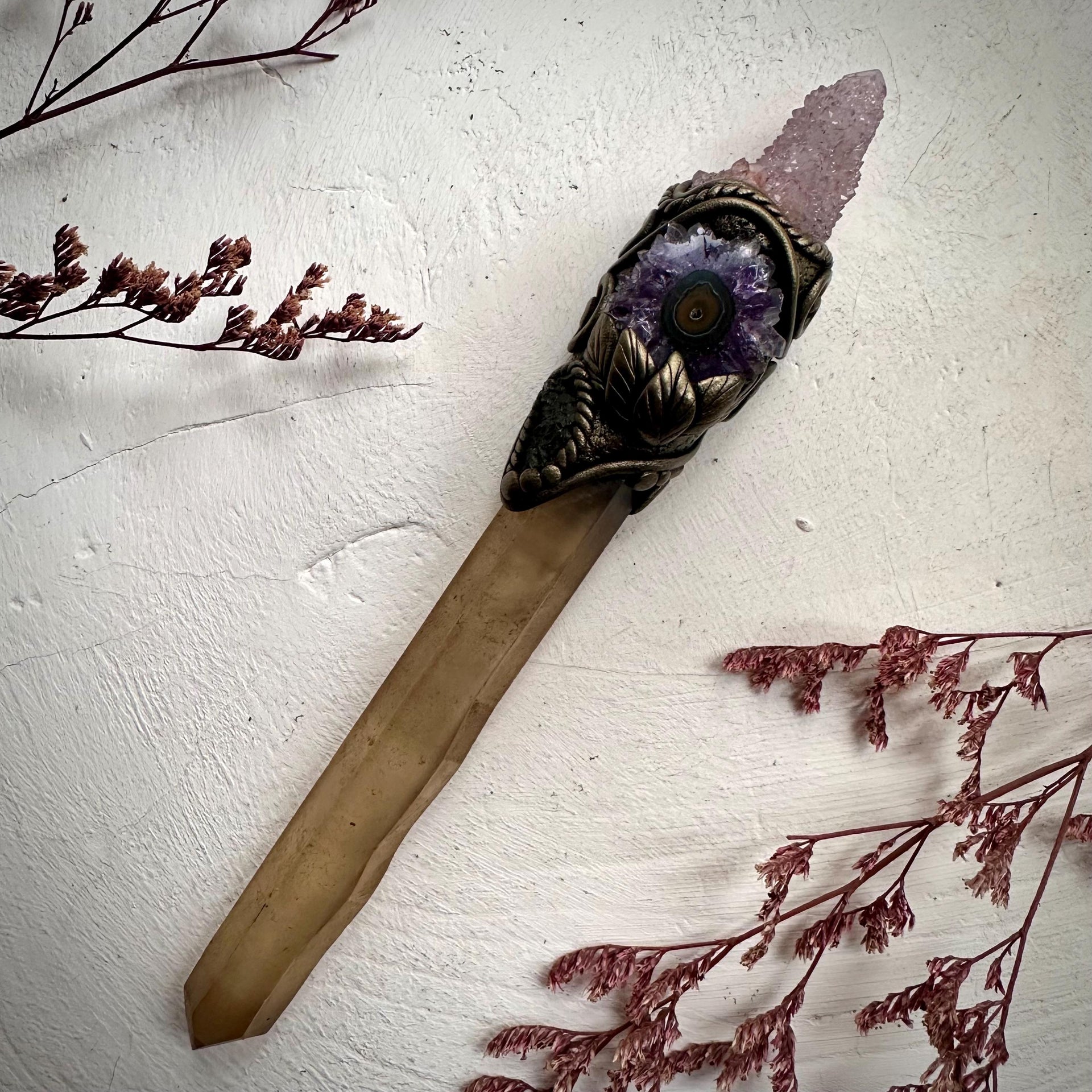 Extra Long Smoky Citrine Point with Spirit Quartz Amethyst Stalactite and Moldavite Wand - FairyGardenGlow