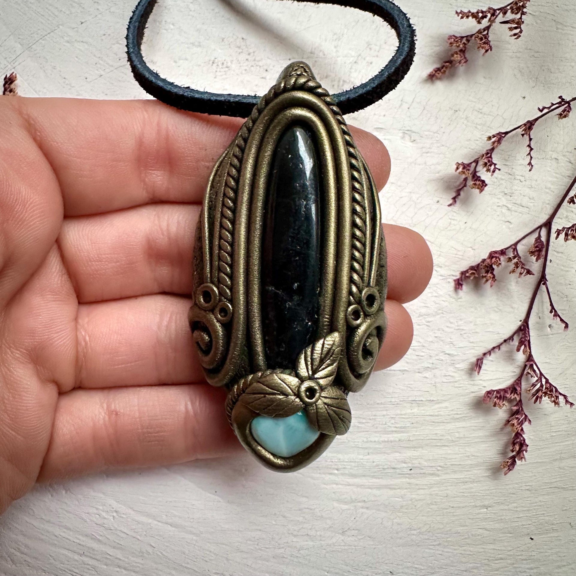 Black Tourmaline and Larimar Necklace - FairyGardenGlow