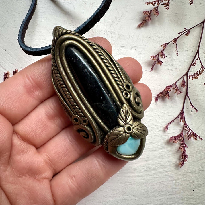 Black Tourmaline and Larimar Necklace - FairyGardenGlow