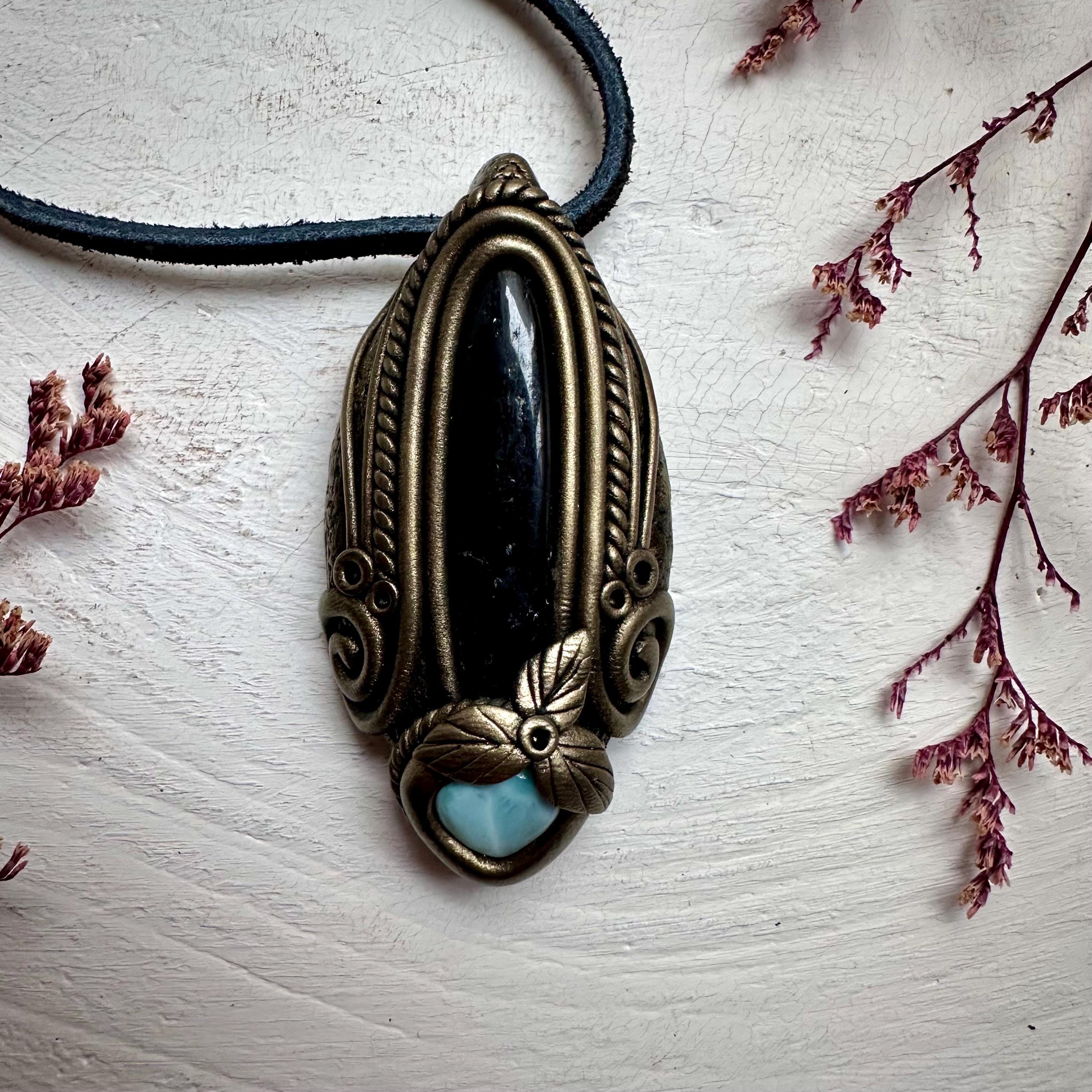 Black Tourmaline and Larimar Necklace - FairyGardenGlow