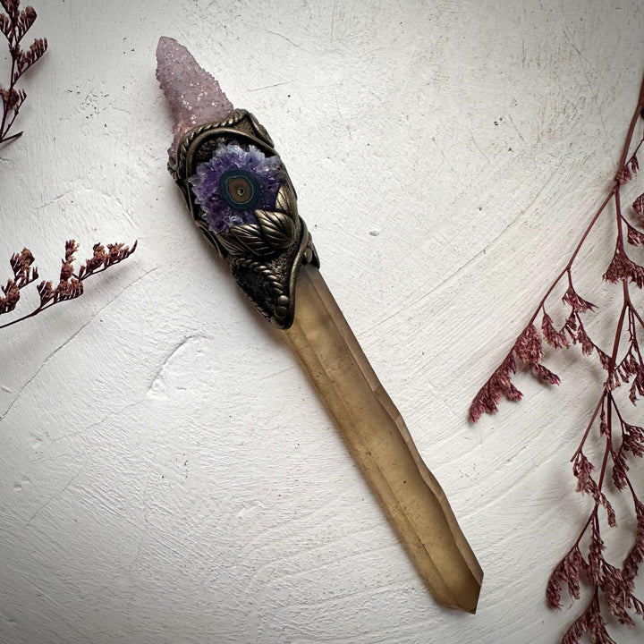Extra Long Smoky Citrine Point with Spirit Quartz Amethyst Stalactite and Moldavite Wand - FairyGardenGlow