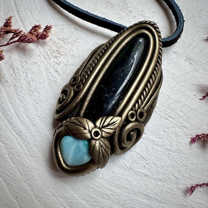 Black Tourmaline and Larimar Necklace - FairyGardenGlow