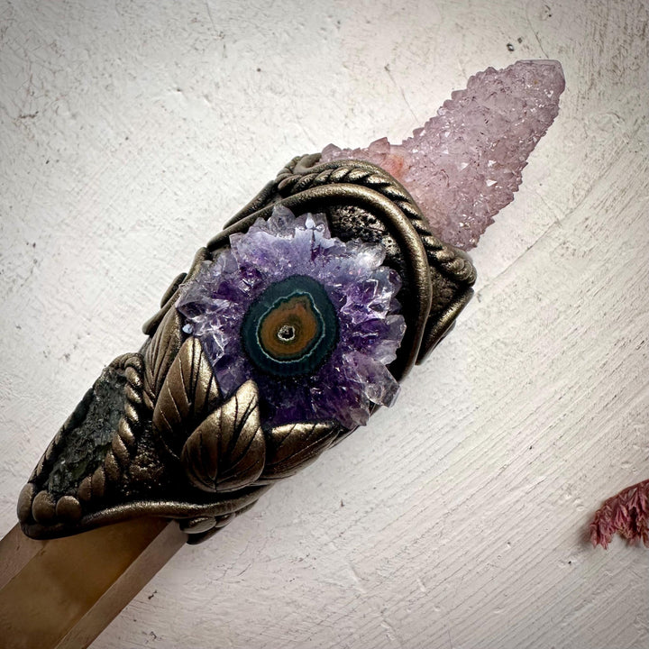 Extra Long Smoky Citrine Point with Spirit Quartz Amethyst Stalactite and Moldavite Wand - FairyGardenGlow