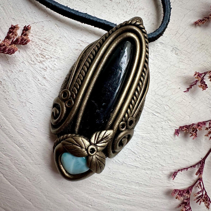 Black Tourmaline and Larimar Necklace - FairyGardenGlow