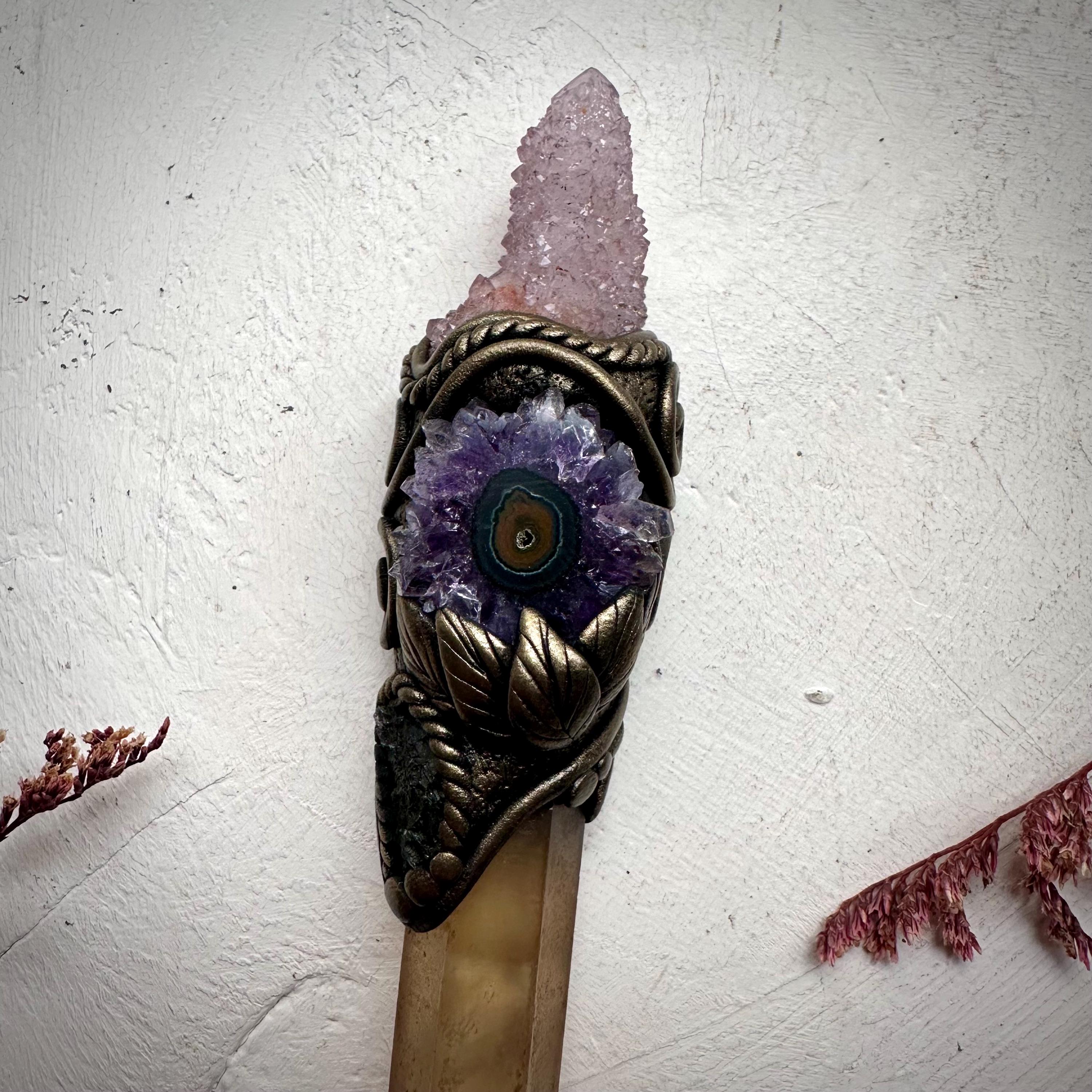 Extra Long Smoky Citrine Point with Spirit Quartz Amethyst Stalactite and Moldavite Wand - FairyGardenGlow