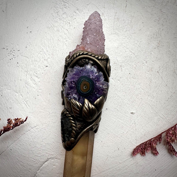 Extra Long Smoky Citrine Point with Spirit Quartz Amethyst Stalactite and Moldavite Wand - FairyGardenGlow
