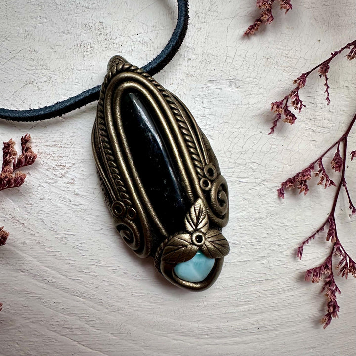 Black Tourmaline and Larimar Necklace - FairyGardenGlow