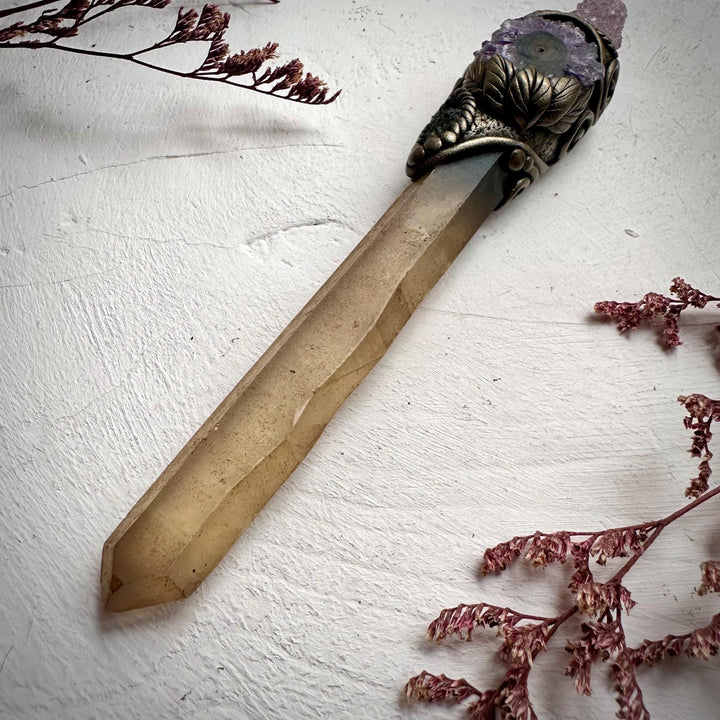 Extra Long Smoky Citrine Point with Spirit Quartz Amethyst Stalactite and Moldavite Wand - FairyGardenGlow