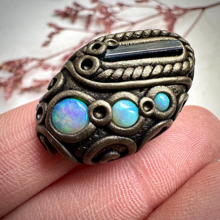 Blue Tourmaline and Australian Opal Ring - FairyGardenGlow