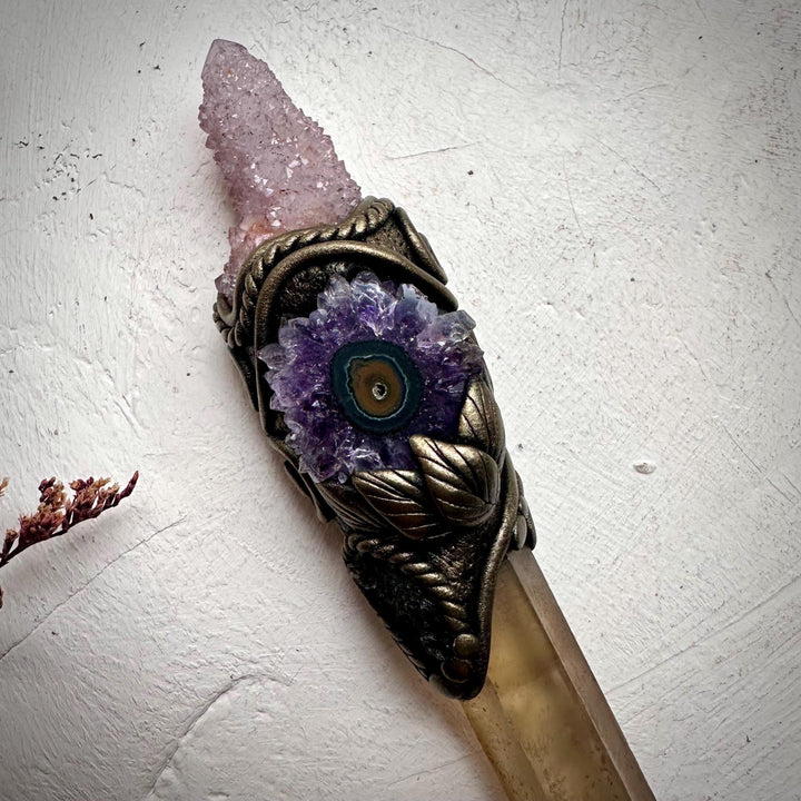 Extra Long Smoky Citrine Point with Spirit Quartz Amethyst Stalactite and Moldavite Wand - FairyGardenGlow