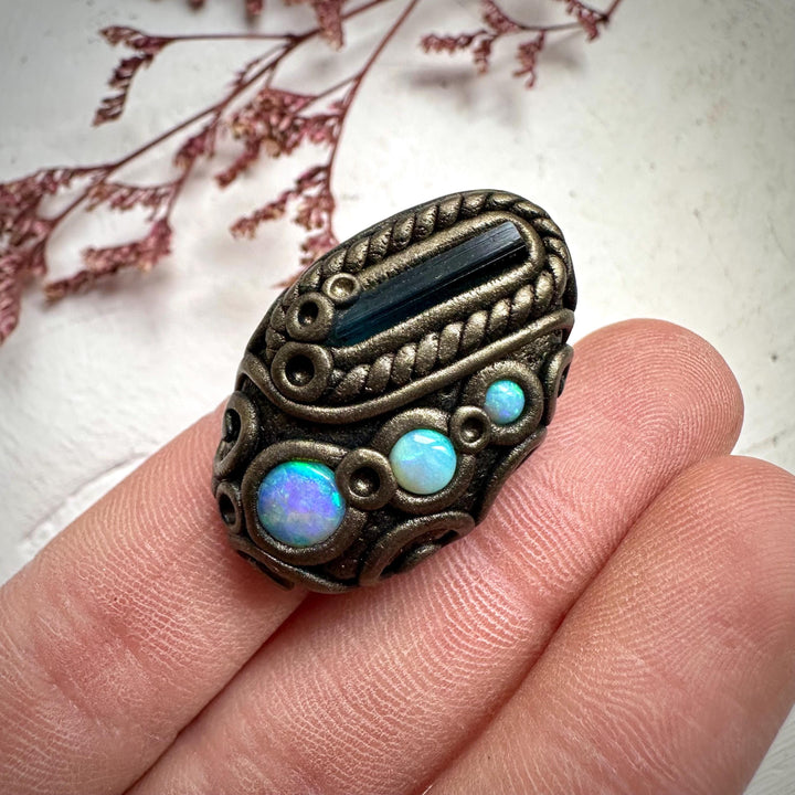 Blue Tourmaline and Australian Opal Ring - FairyGardenGlow