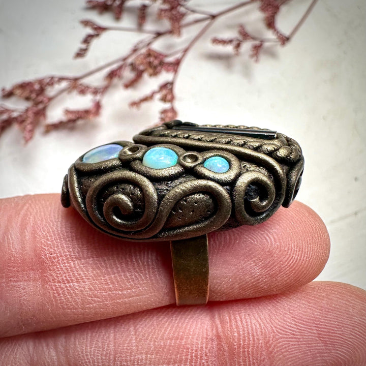Blue Tourmaline and Australian Opal Ring - FairyGardenGlow