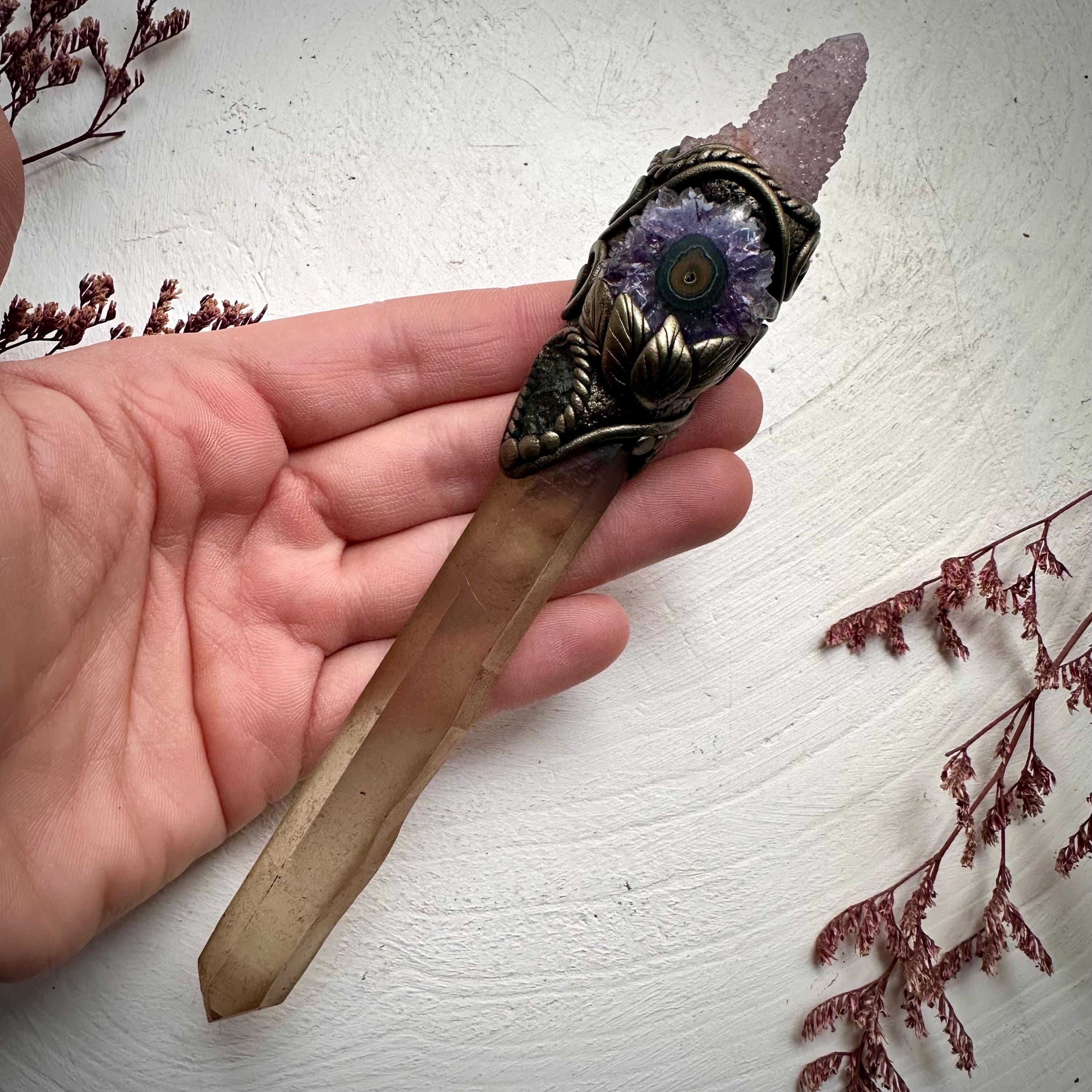 Extra Long Smoky Citrine Point with Spirit Quartz Amethyst Stalactite and Moldavite Wand - FairyGardenGlow