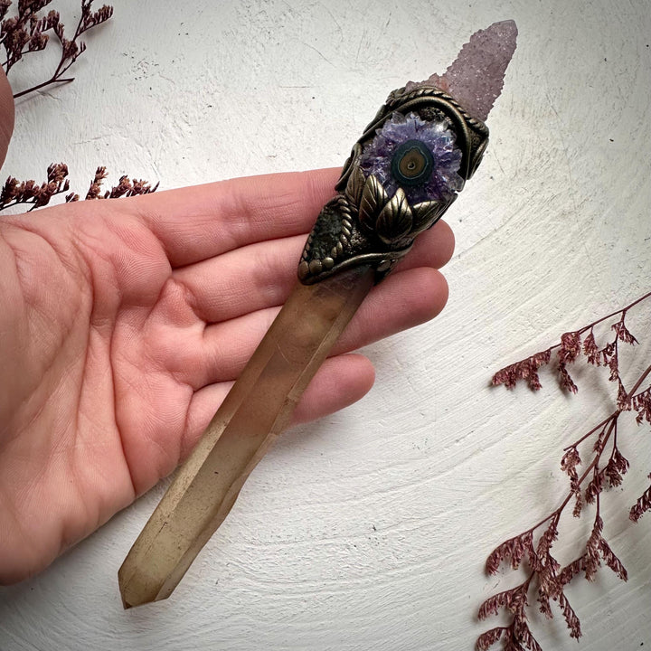Extra Long Smoky Citrine Point with Spirit Quartz Amethyst Stalactite and Moldavite Wand - FairyGardenGlow
