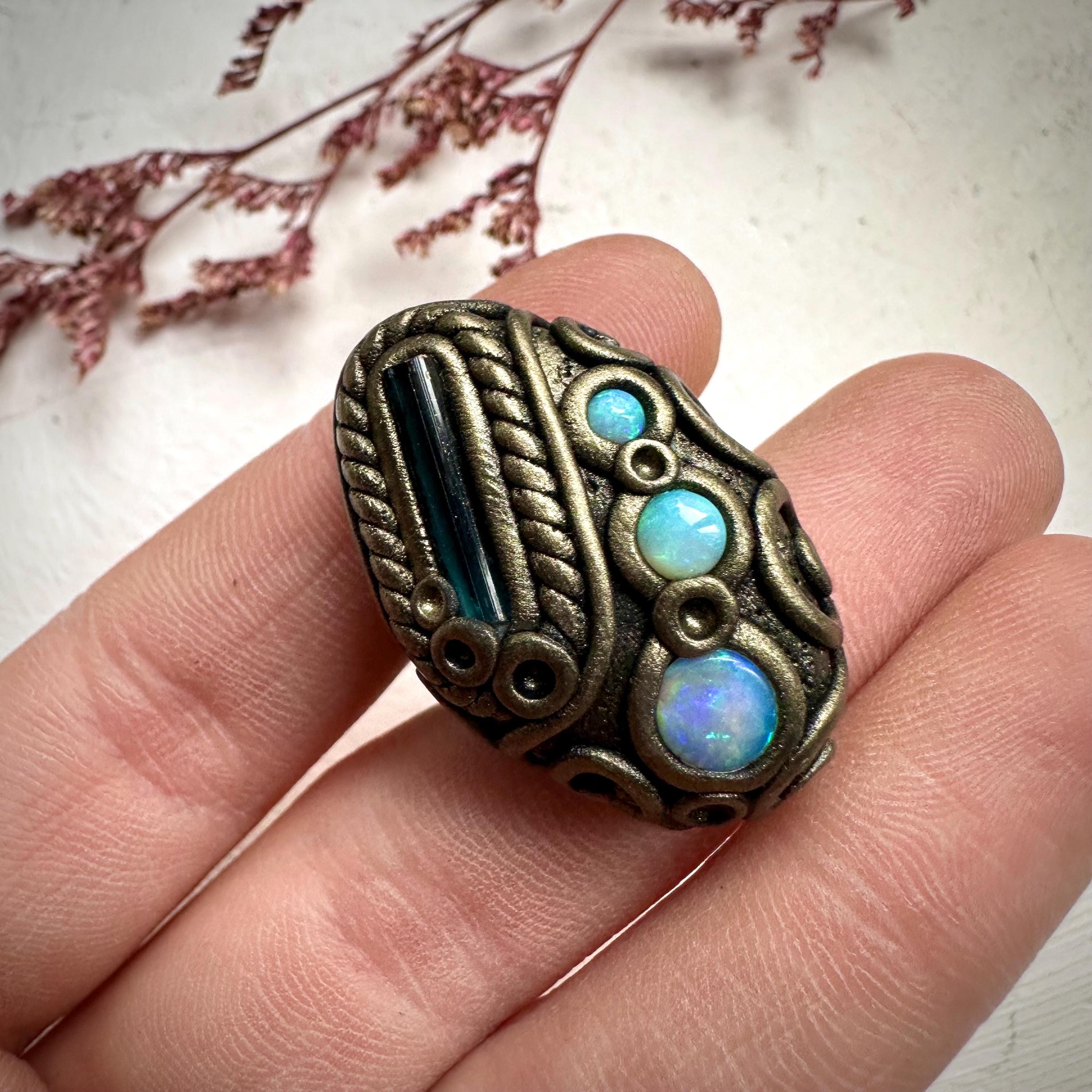 Blue Tourmaline and Australian Opal Ring - FairyGardenGlow