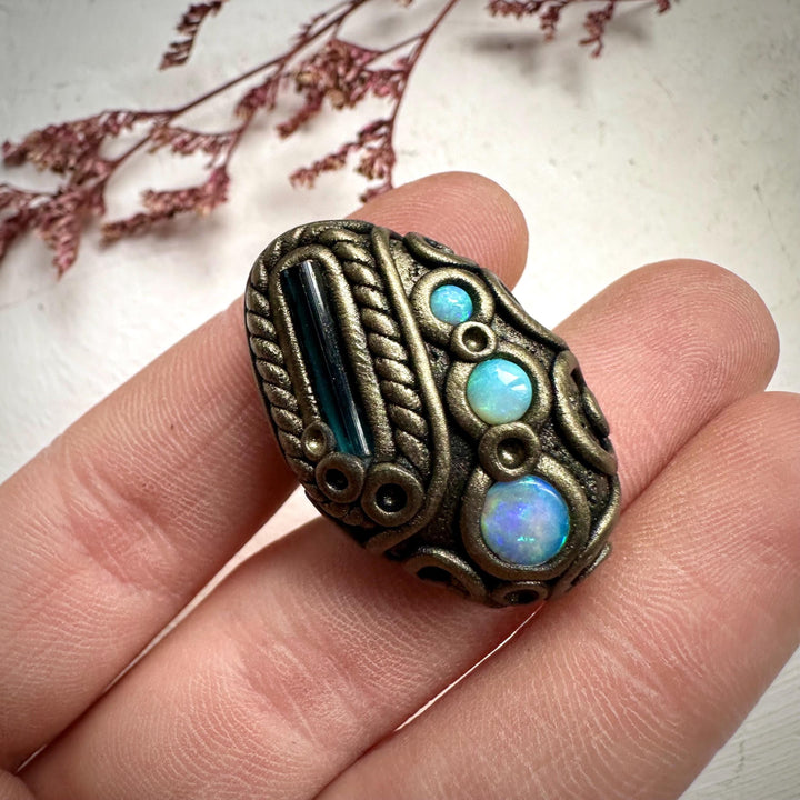 Blue Tourmaline and Australian Opal Ring - FairyGardenGlow